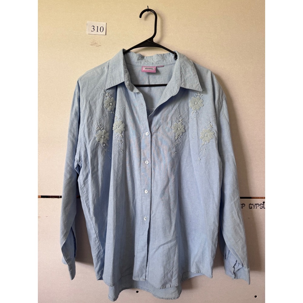 Premier International Blue Beaded Floral Embroidered Button Down Shirt Plus Size